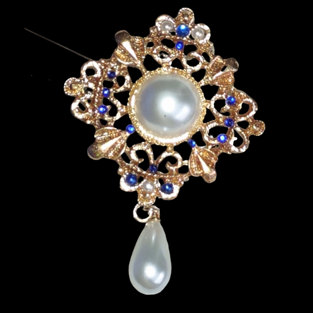 Rose Gold & Pearl Brooch w/ Royal Blue Crystals